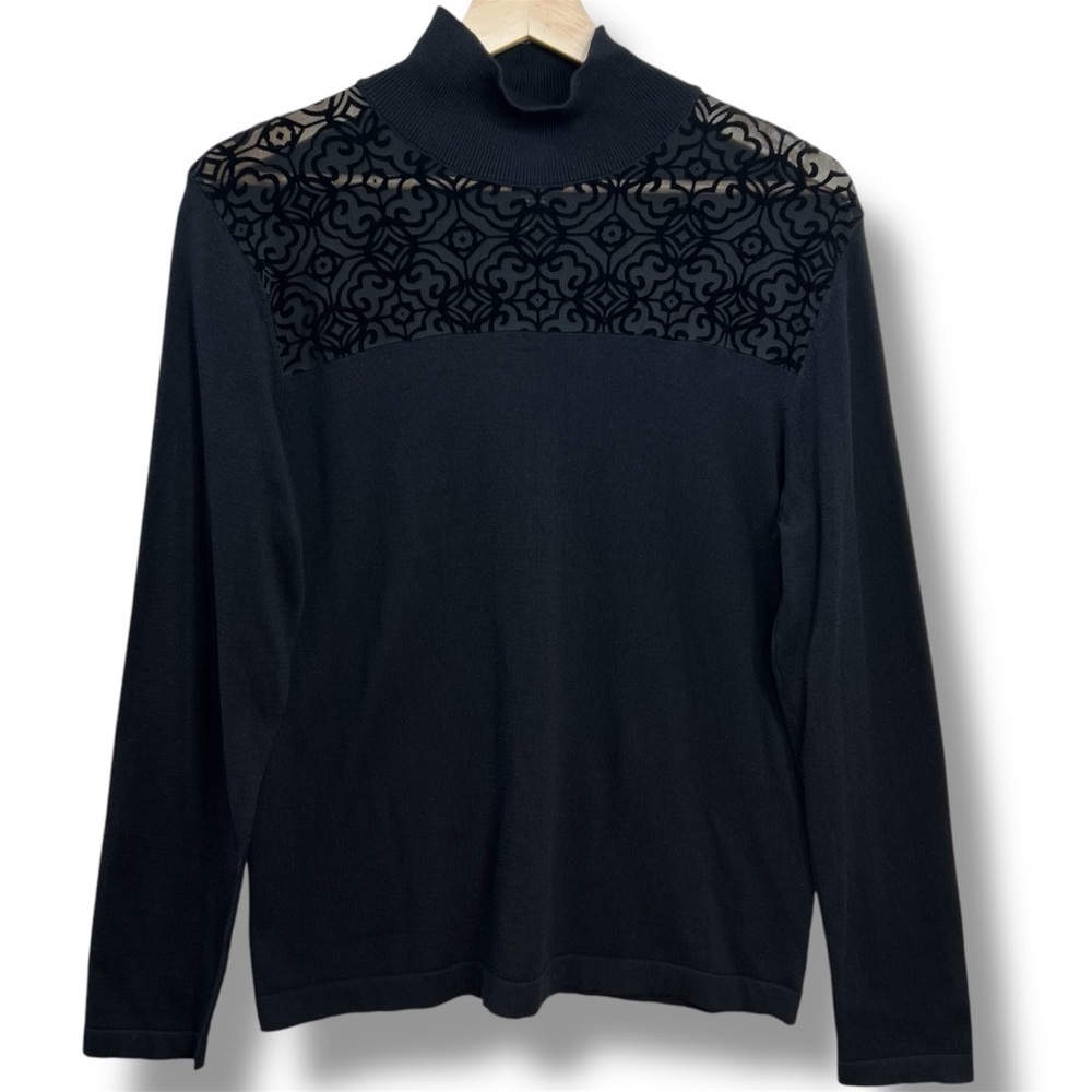 August Silk Heritage Women’s L Black Mock Neck Sweater Velvet Burnout Sheer Yoke